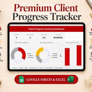 Peut inclure: Une tablette numérique affichant un tableau de bord de suivi de progression client avec des en-têtes rouges et blancs, des tableaux de données, des graphiques circulaires et un histogramme. L'écran présente des logos Google Sheets et Excel.