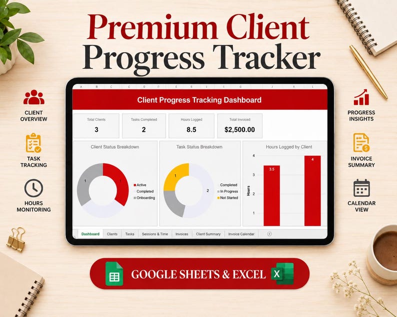 Peut inclure: Une tablette num&eacute;rique affichant un tableau de bord de suivi de progression client avec des en-t&ecirc;tes rouges et blancs, des tableaux de donn&eacute;es, des graphiques circulaires et un histogramme. L'&eacute;cran pr&eacute;sente des logos Google Sheets et Excel.