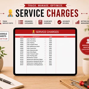 May include: A digital tablet displays a spreadsheet titled "SERVICE CHARGES" with labor and maintenance costs. The image includes icons for tracking costs, organized categories, and accurate records. A notepad, pen, and tools are also visible.
