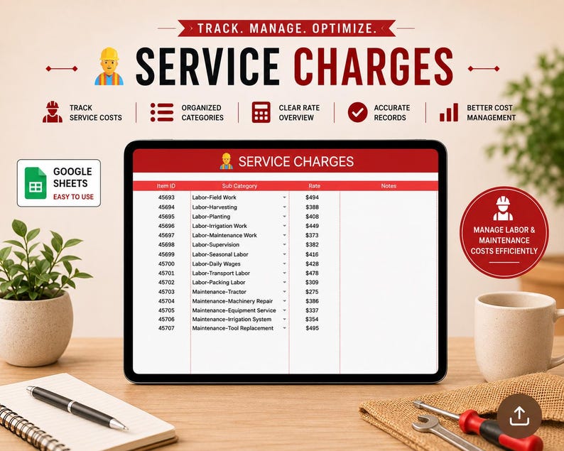 May include: A digital tablet displays a spreadsheet titled "SERVICE CHARGES" with labor and maintenance costs. The image includes icons for tracking costs, organized categories, and accurate records. A notepad, pen, and tools are also visible.
