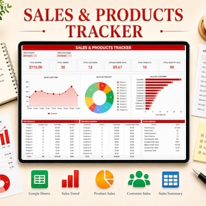 Op de afbeelding: Een digitale tablet met een Sales & Products Tracker dashboard met rode en witte koppen, voorzien van een lijngrafiek, een kleurrijk cirkeldiagram, een staafdiagram en gedetailleerde gegevenstabellen voor omzet, bestellingen en klanten.