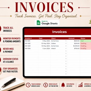 Peut inclure: Une tablette num&eacute;rique affichant un mod&egrave;le de suivi de factures Google Sheets avec des colonnes pour le num&eacute;ro de facture, la date, le client, le montant et le statut. L'interface pr&eacute;sente des en-t&ecirc;tes rouges et des lignes de suivi.