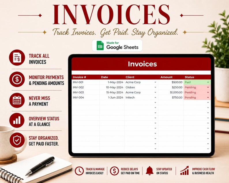 Peut inclure: Une tablette num&eacute;rique affichant un mod&egrave;le de suivi de factures Google Sheets avec des colonnes pour le num&eacute;ro de facture, la date, le client, le montant et le statut. L'interface pr&eacute;sente des en-t&ecirc;tes rouges et des lignes de suivi.