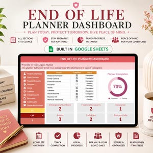May include: An End of Life Planner Dashboard displayed on a tablet, with the text "End of Life Planner Dashboard". The image includes a notebook, a mug with "Peace of Mind" on it, and a vase with flowers. The planner is built in Google Sheets.