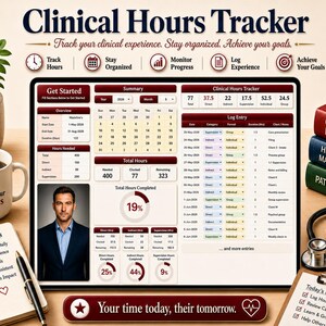 May include: A digital clinical hours tracker on a tablet, with a man's portrait, a coffee mug, and a notepad. The tracker displays data, charts, and a calendar. Books, a stethoscope, and a pen are also visible.