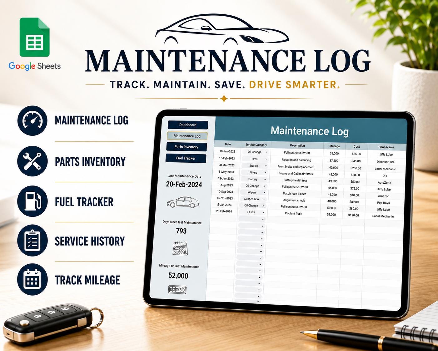Car Maintenance Tracker Google Sheets | Vehicle Service Log, Fuel ...