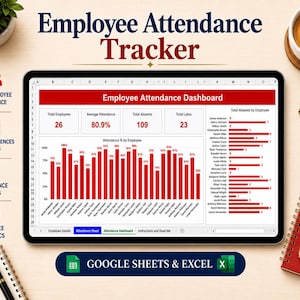 Könnte beinhalten: Ein digitales Tablet mit einem Dashboard zur Anwesenheitsverfolgung von Mitarbeitern, das rote Balkendiagramme sowie Kennzahlen zu Gesamtzahl, Durchschnitt, Fehlzeiten und Verspätungen zeigt, kompatibel mit Google Sheets und Excel.