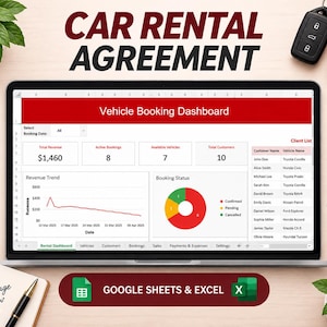 Puede incluir: Un panel digital de contrato de alquiler de coches en la pantalla de un portátil, que muestra una interfaz de reserva de vehículos con tendencias de ingresos, gráficos de estado de reservas y una lista de clientes para Excel.