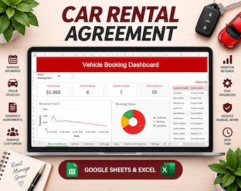 Car Rental Tracker | Excel n Google Sheets | Fleet Management Spreadsheet | Turo Host Booking Calendar | Rental Agreement n Vehicle Tracker