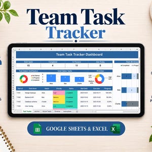 May include: A digital tablet displaying a Team Task Tracker dashboard for Google Sheets and Excel. The screen shows task status distribution, bar charts for owner tasks, priority pie charts, and a detailed task list with columns for ID, name, and progress.