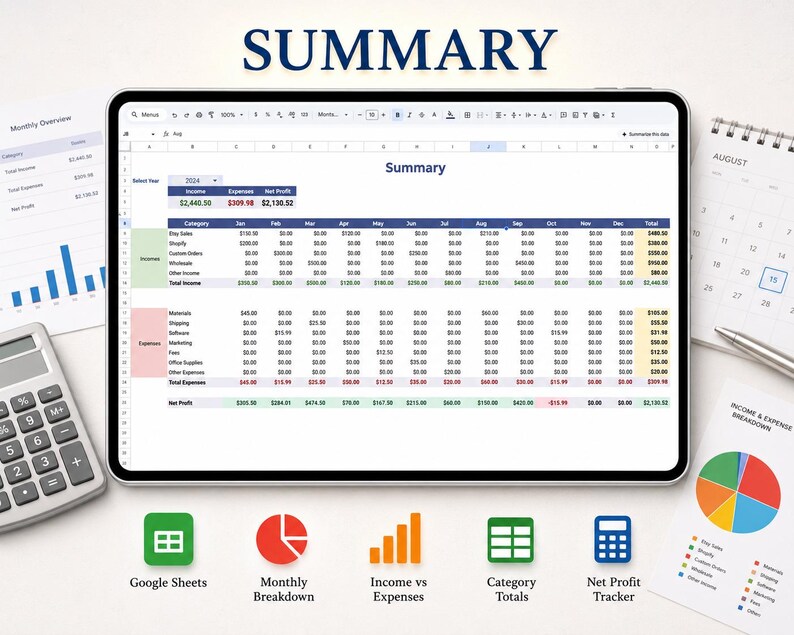 May include: A digital tablet displaying a financial summary spreadsheet with rows for income and expenses, columns for months, and a net profit calculation. The screen shows text including Summary, Income, Expenses, and Net Profit.