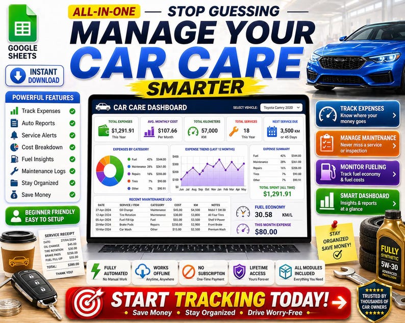 Car Maintenance Tracker Google Sheets | Vehicle Service Log, Fuel ...