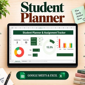 Op de afbeelding: Een digitale studentenplanner en opdrachten-tracker op een tabletscherm, met gegevensgrafieken, taaktellingen en vakfilters. De interface bevat tekstlabels voor Google Sheets en Excel-compatibiliteit, omringd door pictogrammen en notities.