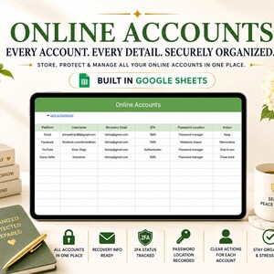 May include: A digital tablet displays a spreadsheet titled "Online Accounts" with data fields for usernames, recovery emails, and 2FA. The image includes text: "Online Accounts, Every Account. Every Detail. Securely Organized."
