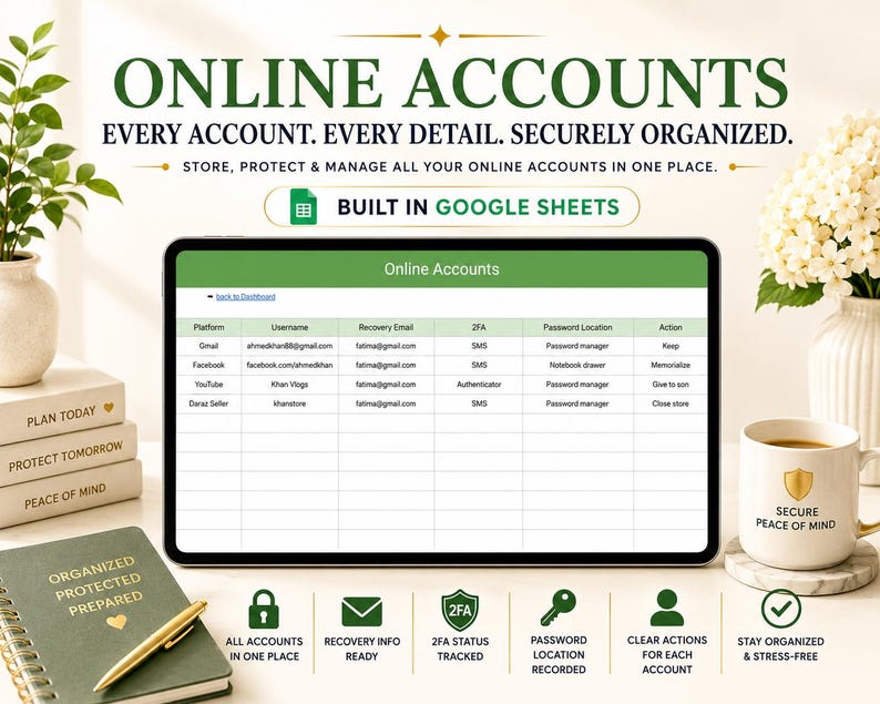 May include: A digital tablet displays a spreadsheet titled "Online Accounts" with data fields for usernames, recovery emails, and 2FA. The image includes text: "Online Accounts, Every Account. Every Detail. Securely Organized."