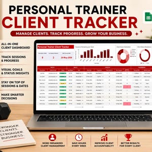 May include: A laptop displays a "Personal Trainer Client Tracker" spreadsheet. The screen shows client data, charts, and graphs. A notebook with "Stronger Clients. Stronger Business." is next to the laptop. A black water bottle and dumbbells are also visible.