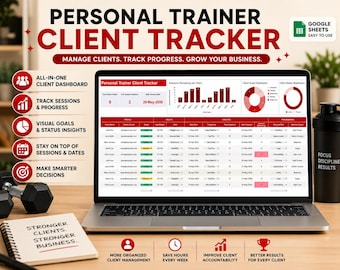 パーソナルトレーナー用スプレッドシート | フィットネストレーナーCRM | クライアント管理トラッカー | クライアントプロフィール | 進捗写真と請求書テンプレート