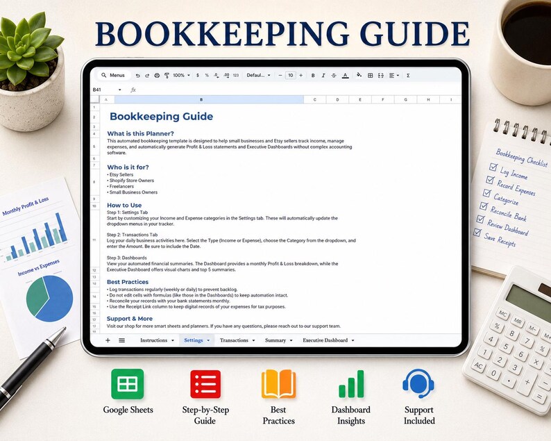 May include: A digital tablet displaying a Bookkeeping Guide spreadsheet with sections for planner details, target users, usage instructions, and best practices. The screen shows text, a toolbar, and tabs for instructions, settings, transactions, summary, and dashboard.