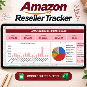 May include: A digital tablet displaying an Amazon Reseller Tracker dashboard with a pink background. The screen shows financial data, a bar chart for best performing products, a pie chart for revenue, and a list of top products for Google Sheets and Excel.