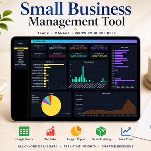 May include: A digital tablet displaying a Small Business Management Tool dashboard with financial data, charts, and graphs. The screen shows metrics like Total Customers, Stock Amount, and Sales Trend, with navigation tabs on the left side.