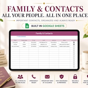 May include: A digital tablet displaying a family contacts spreadsheet, with the text "Family & Contacts" at the top. The image includes a mug with "Peace of Mind" on it, a notebook, and decorative plants.
