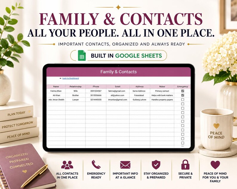 May include: A digital tablet displaying a family contacts spreadsheet, with the text "Family & Contacts" at the top. The image includes a mug with "Peace of Mind" on it, a notebook, and decorative plants.