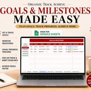 Puede incluir: Una computadora port&aacute;til muestra una hoja de c&aacute;lculo titulada "Goals & Milestones" con encabezados rojos y blancos. La imagen incluye texto: "Organiza. Rastrea. Logra. Goals & Milestones Made Easy." Los iconos y el texto resaltan la definici&oacute;n de objetivos y el seguimiento del progreso.