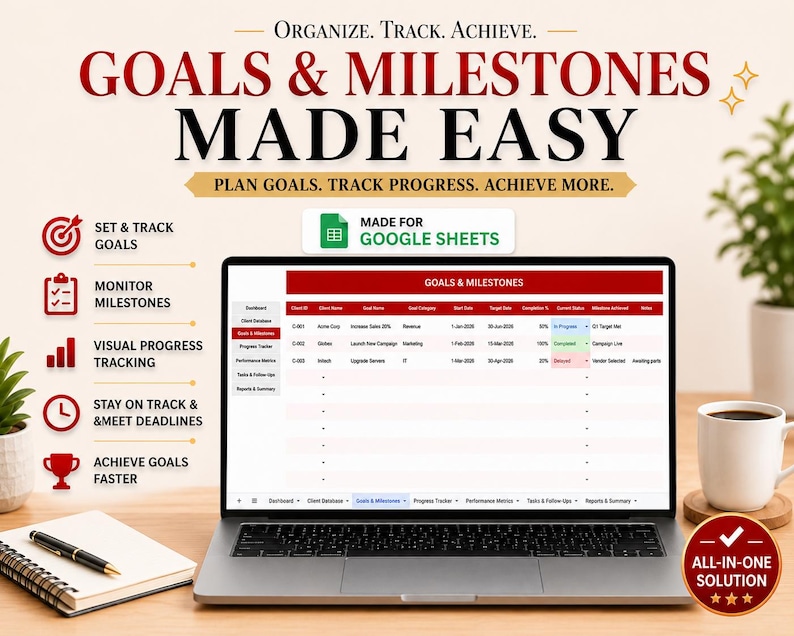 Puede incluir: Una computadora port&aacute;til muestra una hoja de c&aacute;lculo titulada "Goals & Milestones" con encabezados rojos y blancos. La imagen incluye texto: "Organiza. Rastrea. Logra. Goals & Milestones Made Easy." Los iconos y el texto resaltan la definici&oacute;n de objetivos y el seguimiento del progreso.