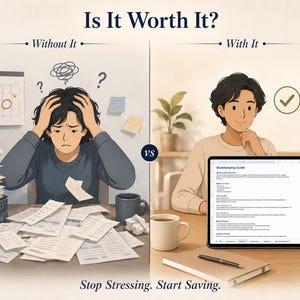 May include: A split-screen illustration titled Is It Worth It? comparing two scenarios. On the left, a person is stressed by piles of paperwork and a calendar. On the right, a person uses a tablet displaying a Bookkeeping Guide. Text reads: Stop Stressing. Start Saving.