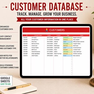 May include: A digital tablet displays a customer database spreadsheet with headings like "Customer Name" and "Contact." The screen shows customer data, with a red header that reads "CUSTOMERS." The image includes icons for organized data, contact management, and customer tracking.