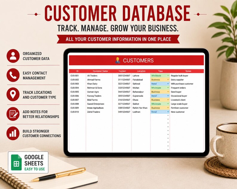 May include: A digital tablet displays a customer database spreadsheet with headings like "Customer Name" and "Contact." The screen shows customer data, with a red header that reads "CUSTOMERS." The image includes icons for organized data, contact management, and customer tracking.