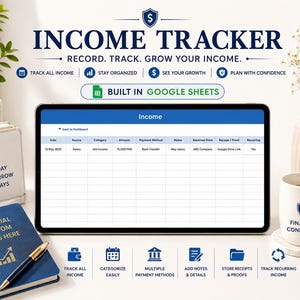 May include: A digital income tracker displayed on a tablet, with the title "Income Tracker" and the text "Record. Track. Grow Your Income." The image includes a notebook, a coffee mug, and a small plant. The notebook reads "Financial Freedom Starts Here."