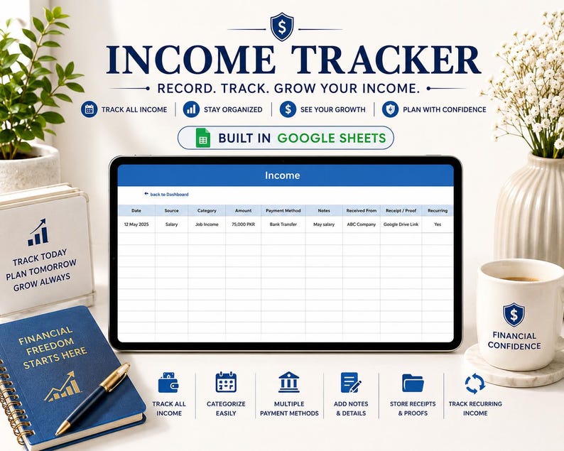 May include: A digital income tracker displayed on a tablet, with the title "Income Tracker" and the text "Record. Track. Grow Your Income." The image includes a notebook, a coffee mug, and a small plant. The notebook reads "Financial Freedom Starts Here."
