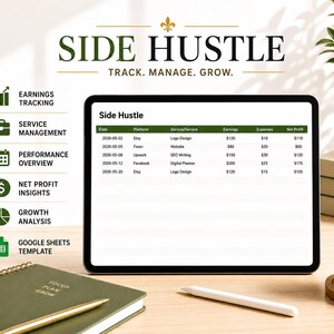 Op de afbeelding: Een tablet toont een "Side Hustle" inkomsten tracker, met gegevens over inkomsten, uitgaven en nettowinst. Een notitieboek, pen, koffiekopje en planten suggereren een werkplek voor bedrijfsplanning.