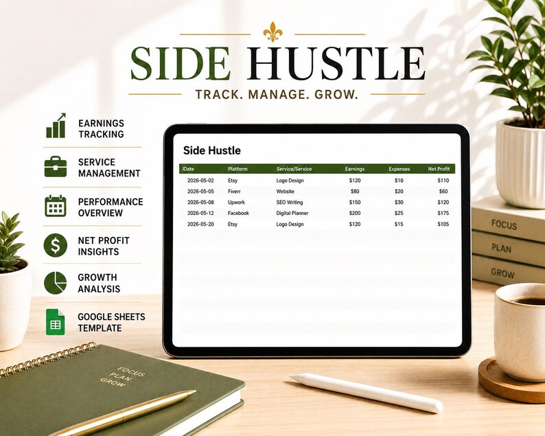 Op de afbeelding: Een tablet toont een "Side Hustle" inkomsten tracker, met gegevens over inkomsten, uitgaven en nettowinst. Een notitieboek, pen, koffiekopje en planten suggereren een werkplek voor bedrijfsplanning.