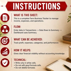 May include: A red banner with the word "INSTRUCTIONS" above a list of information about a Farm Business Tracker. The text describes the tracker's purpose, flow, and technical aspects. A notepad, pen, and coffee cup are on the desk.
