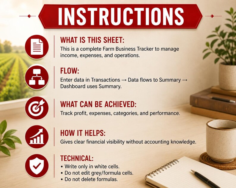 May include: A red banner with the word "INSTRUCTIONS" above a list of information about a Farm Business Tracker. The text describes the tracker's purpose, flow, and technical aspects. A notepad, pen, and coffee cup are on the desk.