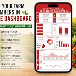 May include: A smartphone screen displays a farm bookkeeping dashboard with financial data, charts, and graphs. The app shows income, expenses, and profit, with the text "ALL YOUR FARM NUMBERS IN ONE DASHBOARD". The background features a farm scene.