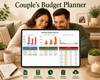Modèle de feuilles de calcul Google pour planificateur de budget pour couple | Budget familial mensuel et annuel, dépenses partagées, suivi des factures et des dettes | Téléchargement numérique