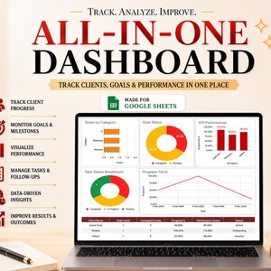 Puede incluir: Una computadora port&aacute;til muestra un panel con gr&aacute;ficos y diagramas. El texto dice "ALL-IN-ONE DASHBOARD" y "TRACK CLIENTS, GOALS & PERFORMANCE IN ONE PLACE." Los iconos de la izquierda representan el seguimiento del progreso y el an&aacute;lisis de datos. Un bol&iacute;grafo, un bloc de notas y una taza de caf&eacute; est&aacute;n sobre el escritorio.