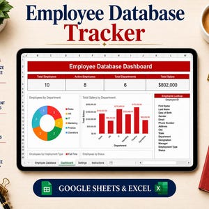 Könnte beinhalten: Ein digitales Tablet mit einem Mitarbeiterdatenbank-Tracker-Dashboard, das rote Kopfzeilen, ein Kreisdiagramm, ein Balkendiagramm und ein Suchformular enthält. Der Bildschirm zeigt Daten für 10 Mitarbeiter, 8 aktive Kräfte und 6 Abteilungen.