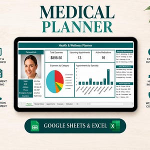 Op de afbeelding: Een digitale medische planner weergegeven op een tabletscherm, met een gezondheids- en welzijnsdashboard met persoonlijke info, uitgavengrafieken, afsprakenlijsten en medicatiebeheer, compatibel met Google Sheets en Excel.