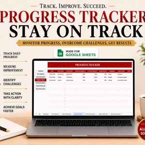 Puede incluir: Un ordenador port&aacute;til muestra una hoja de c&aacute;lculo "Progress Tracker", con el texto "Progress Tracker Stay on Track". La imagen incluye iconos para rastrear el progreso, medir la mejora, identificar desaf&iacute;os y lograr objetivos.