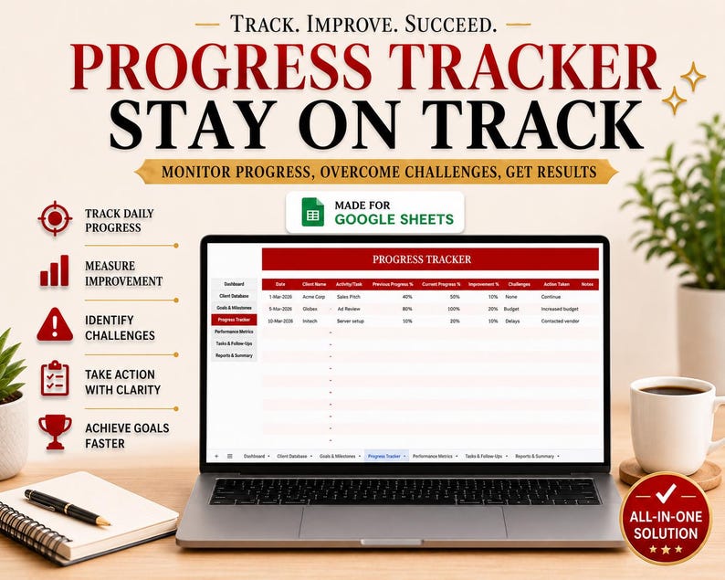 Puede incluir: Un ordenador port&aacute;til muestra una hoja de c&aacute;lculo "Progress Tracker", con el texto "Progress Tracker Stay on Track". La imagen incluye iconos para rastrear el progreso, medir la mejora, identificar desaf&iacute;os y lograr objetivos.