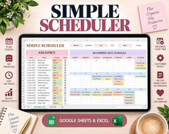Simple Scheduler | Excel and Google Sheets | Monthly Calendar Template | Daily Planner | Business Meeting & Event Tracker | Scheduler