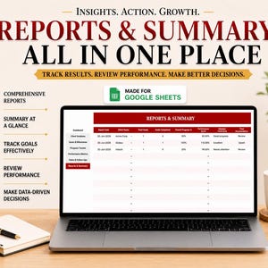 Puede incluir: Una computadora port&aacute;til muestra una hoja de c&aacute;lculo titulada "Reports & Summary" con datos. El texto superior dice "Insights. Action. Growth. Reports & Summary All in One Place." El texto adicional incluye "Track Results. Review Performance. Make Better Decisions."
