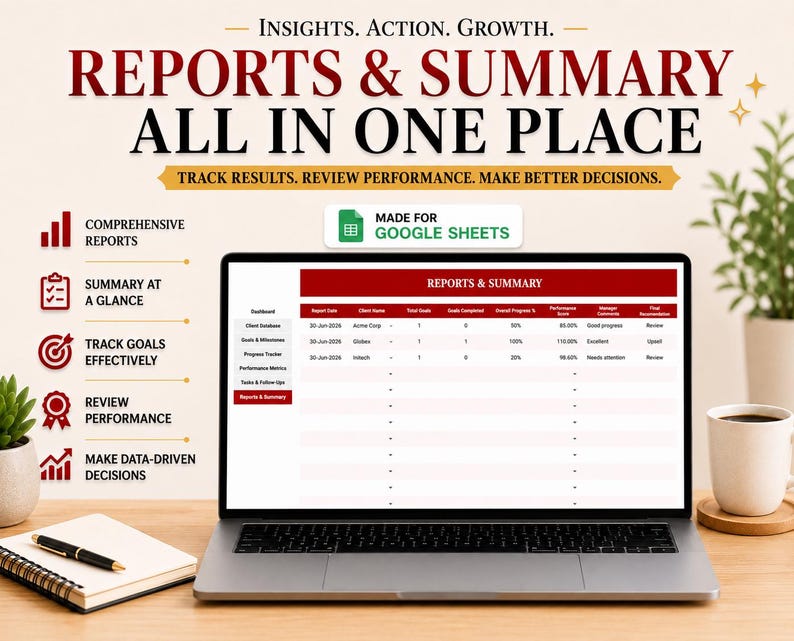 Puede incluir: Una computadora port&aacute;til muestra una hoja de c&aacute;lculo titulada "Reports & Summary" con datos. El texto superior dice "Insights. Action. Growth. Reports & Summary All in One Place." El texto adicional incluye "Track Results. Review Performance. Make Better Decisions."