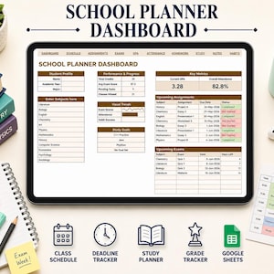 Op de afbeelding: Een digitaal schoolplanner-dashboard weergegeven op een tabletscherm, met secties voor studentenprofiel, prestaties, kerncijfers, opdrachten en examens. Onder de tablet staan iconen voor lesrooster, deadline-tracker, studieplanner, cijfer-tracker en Google Sheets.