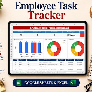 Puede incluir: Una tableta digital que muestra un panel de seguimiento de tareas de empleados para Google Sheets y Excel. La pantalla presenta gráficos de barras, gráficos circulares y una tabla de tareas con columnas para nombres y fechas de entrega.