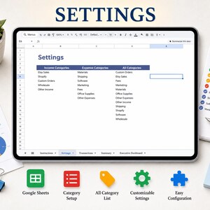 May include: A tablet displaying a spreadsheet titled Settings with columns for Income Categories, Expense Categories, and All Categories. Below the tablet are five icons labeled Google Sheets, Category Setup, All Category List, Customizable Settings, and Easy Configuration.
